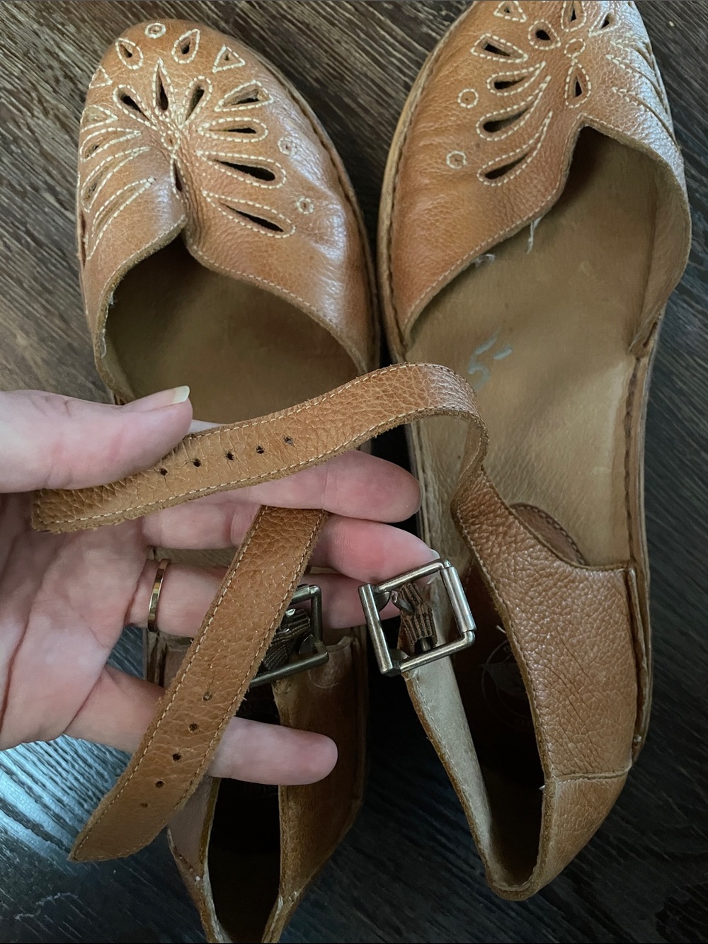 Women's Tan Leather Cutout Ankle-Strap Flats - Picture 7 of 8